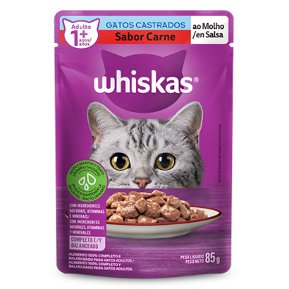 Ração Úmida para Gatos Adultos Castrados WHISKAS® Sachê Carne ao Molho  - 1