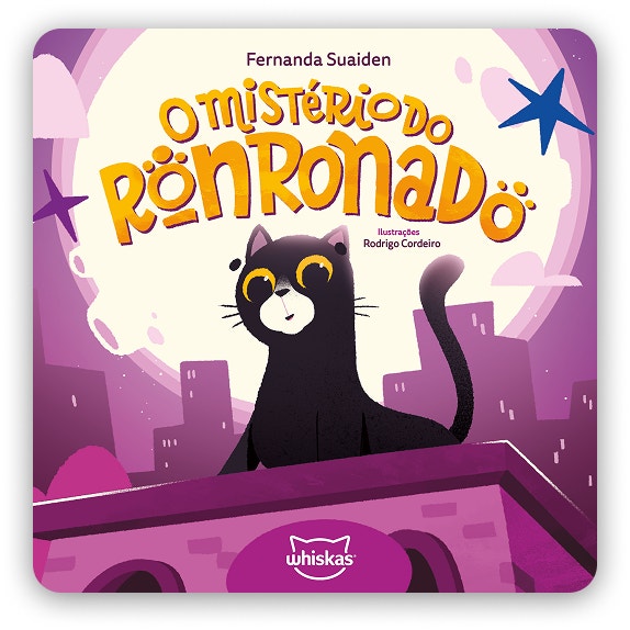 Ilustração da capa do e-book ‘O Mistério dos ronronados’, com o gatinho preto Bátima