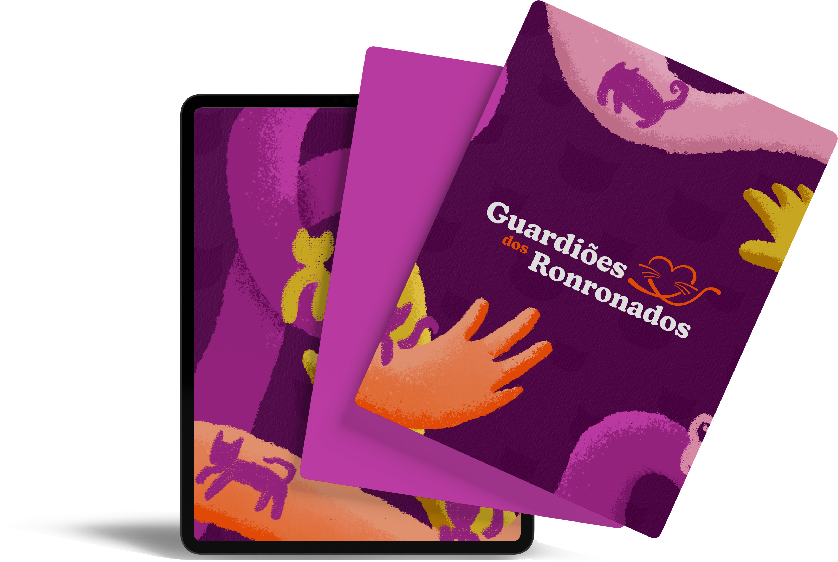 Confira nosso e-book Mistério dos ronronados Tablet com ilustrações de Guardiões dos Ronronados com mãos se encontrando para proteger gatinhos