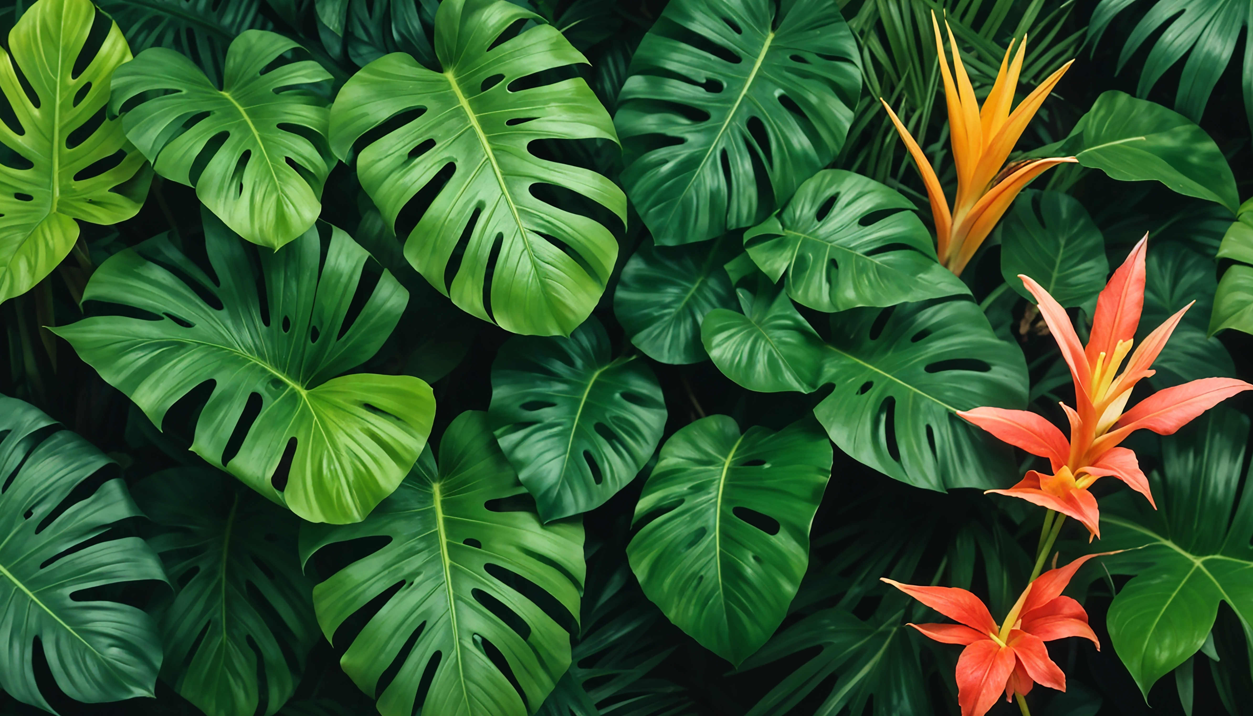 Folhas verdes de costela-de-adão em destaque, com flores tropicais laranjas e vermelhas ao fundo.